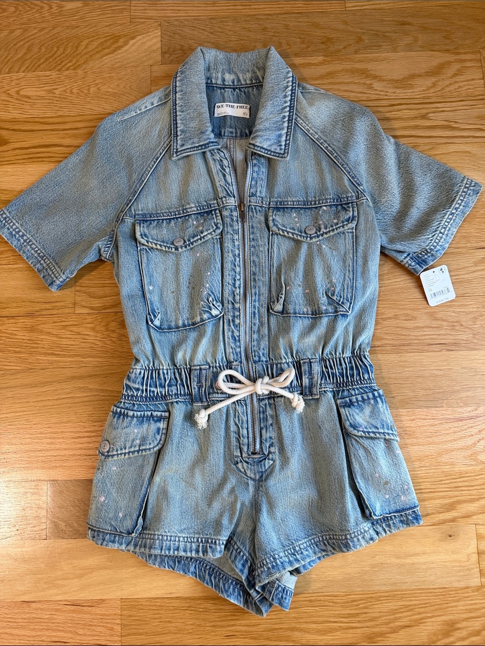 NWT Free People's We The Free Light Blue Denim Short-Sleeve Zip Up Romper
